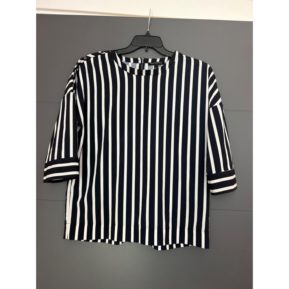 Banana Republic Navy White Striped Shoulder Button Blouse Top Womens Small